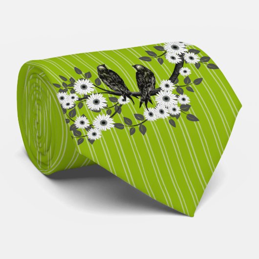 Apple Green Stripes Bird Daisy Wedding Stropdas (Opgerold)