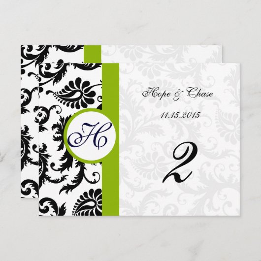 Apple Green Trim Black Damask Table Number-kaarten Briefkaart (Voorkant / Achterkant)