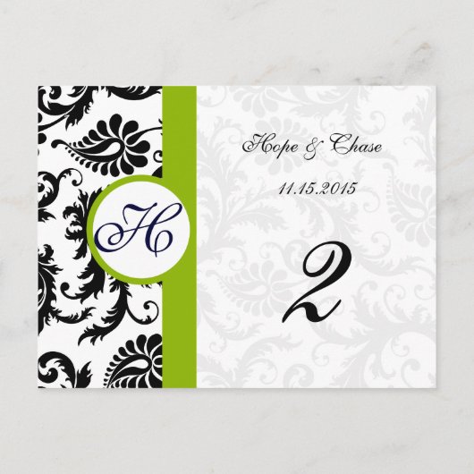 Apple Green Trim Black Damask Table Number-kaarten Briefkaart (Achterkant)
