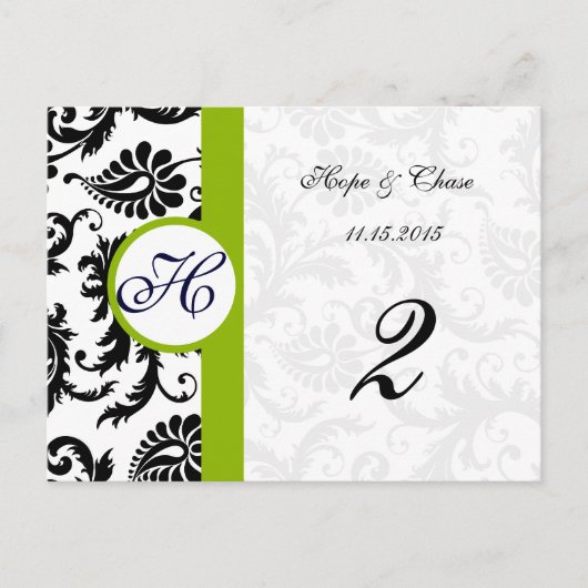 Apple Green Trim Black Damask Table Number-kaarten Briefkaart (Voorkant)