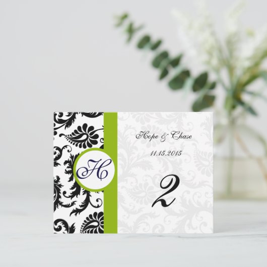 Apple Green Trim Black Damask Table Number-kaarten Briefkaart (Staand voorkant)