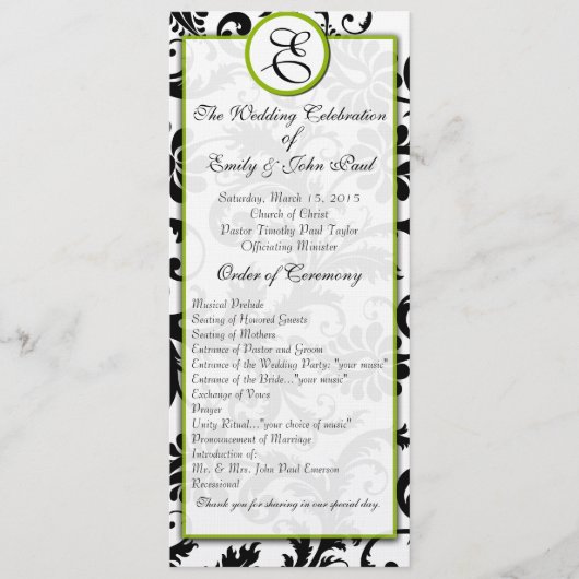 Apple Green Trim Black Damask Wedding Program Programmakaart (Voorkant)