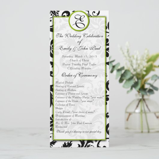 Apple Green Trim Black Damask Wedding Program Programmakaart (Staand voorkant)