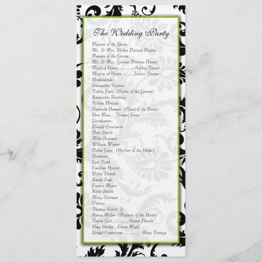Apple Green Trim Black Damask Wedding Program Programmakaart (Achterkant)