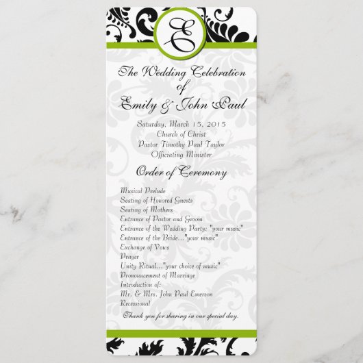 Apple Green Trim Black Damask Wedding Program Programmakaart (Voorkant)