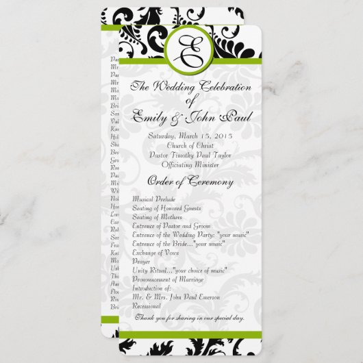Apple Green Trim Black Damask Wedding Program Programmakaart (Voorkant / Achterkant)