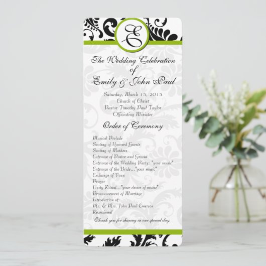 Apple Green Trim Black Damask Wedding Program Programmakaart (Staand voorkant)