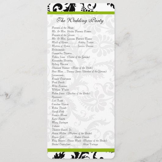 Apple Green Trim Black Damask Wedding Program Programmakaart (Achterkant)