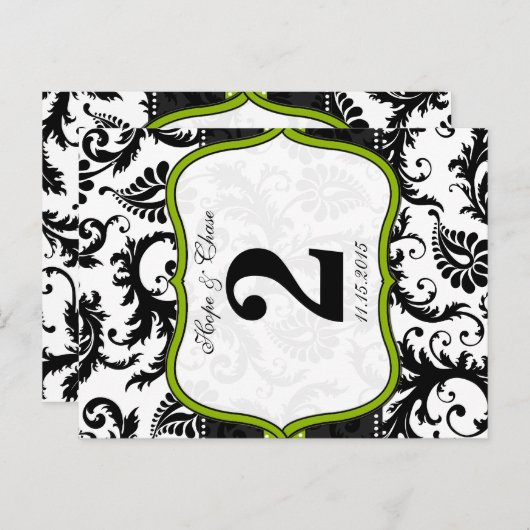 Apple Green Trim Damask Swirls Table Number Cards Briefkaart (Voorkant / Achterkant)