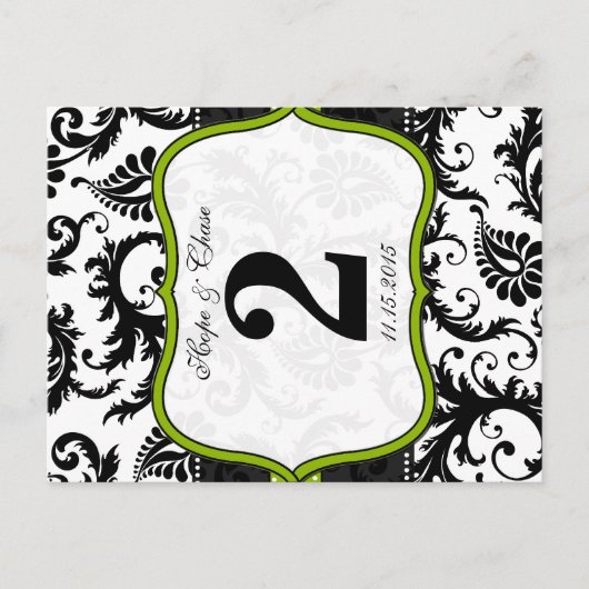 Apple Green Trim Damask Swirls Table Number Cards Briefkaart (Voorkant)