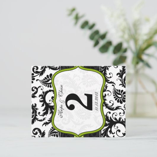 Apple Green Trim Damask Swirls Table Number Cards Briefkaart (Staand voorkant)