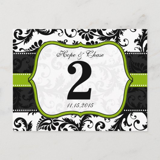 Apple Green Trim Damask Swirls Table Number Cards Briefkaart (Achterkant)