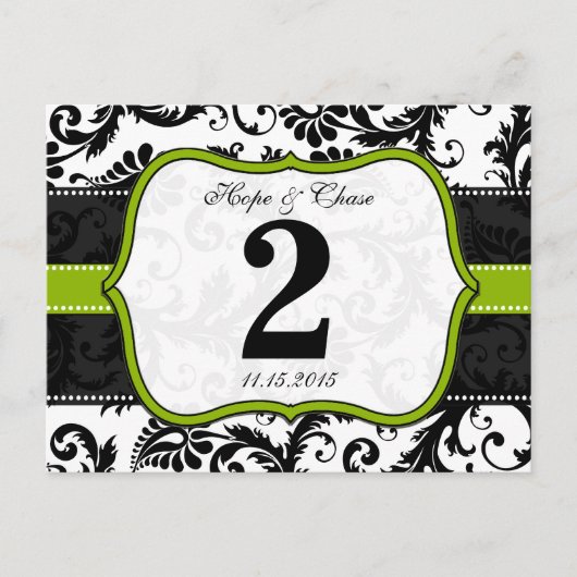 Apple Green Trim Damask Swirls Table Number Cards Briefkaart (Voorkant)