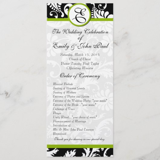 Apple Green Trim Damask Swirls Wedding Programme Programmakaart (Voorkant)
