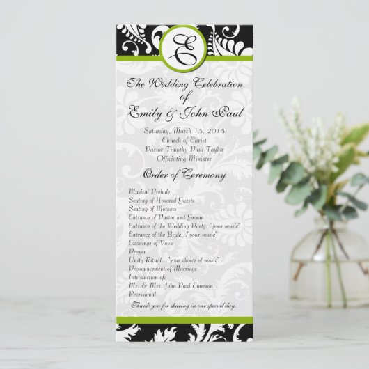 Apple Green Trim Damask Swirls Wedding Programme Programmakaart (Staand voorkant)