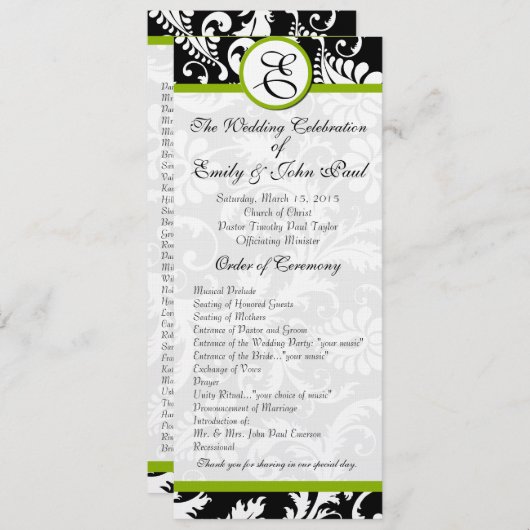 Apple Green Trim Damask Swirls Wedding Programme Programmakaart (Voorkant / Achterkant)