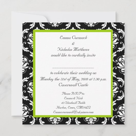 Apple Green Wedding Invitation Monogram Damask Kaart (Achterkant)