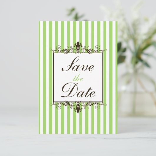 Apple Green, White, Brown Striped Save the Date (Staand voorkant)