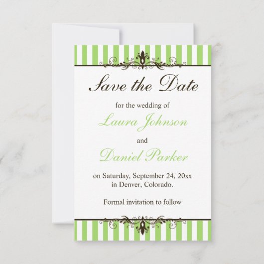Apple Green, White, Brown Striped Save the Date (Achterkant)