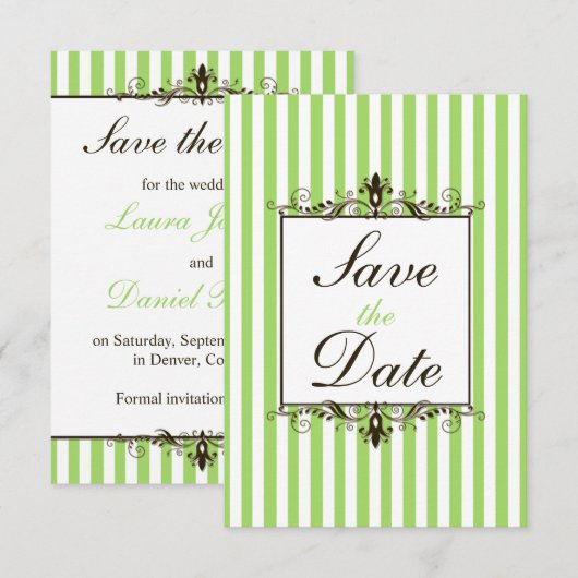Apple Green, White, Brown Striped Save the Date (Voorkant / Achterkant)