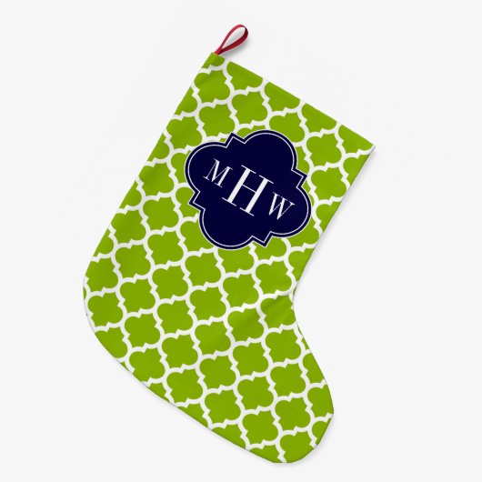 Apple Green Wt Moroccan #5 Navy 3 Initiaal Monogra Grote Kerstsok (Voorkant (Hangend))