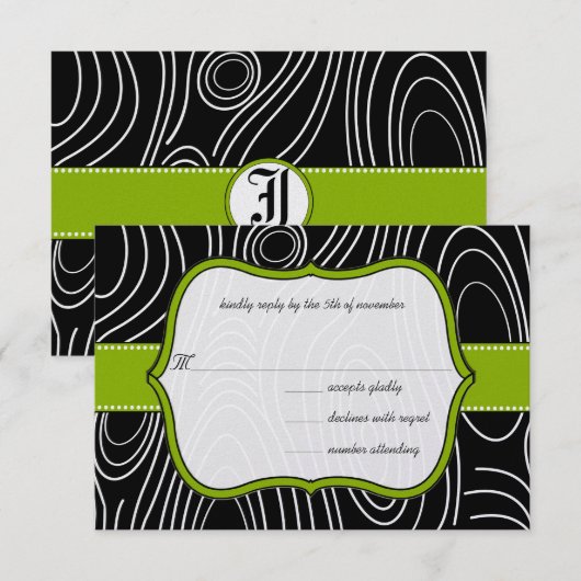 Apple Groen & Zwart Houten Graan Bruiloft Stippen RSVP Kaartje (Voorkant / Achterkant)