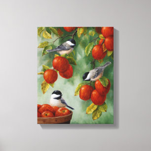 Apple Harvest Chickadees 30 "x20" Canvas Afdruk