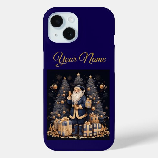 Apple iPhone Hoesje 15-Navy Blue & Goud Kerstmis (Achterkant)