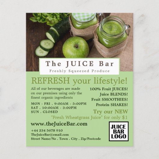 Apple & komkommer, Juice Bar Adverteren Flyer (Voorkant)