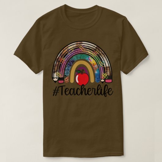 Apple Leopard Rainbow Teacher Life Student Rock Th T-shirt (Design voorkant)