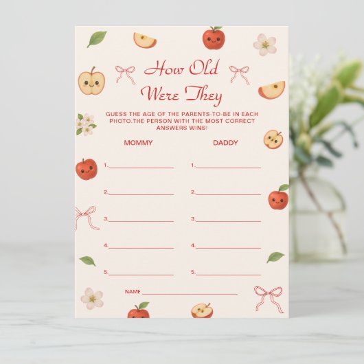 Apple of My Eye Baby shower Hoe oud waren ze spel Kaart (Staand voorkant)