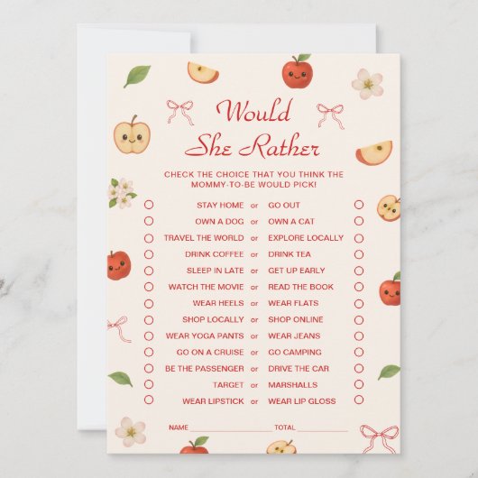 Apple of My Eye Baby shower Zou ze liever spel Kaart (Voorkant)