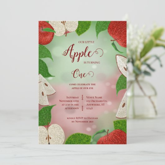 Apple of My Eye First Birthday Invitation Feestdagenkaart (Staand voorkant)
