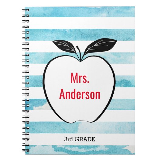 Apple on Blue Waterverf Stripes for Teacher Notitieboek (Voorkant)