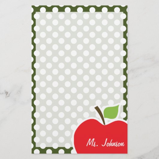 Apple on Dark Moss Green Polka Dots Briefpapier (Voorkant)