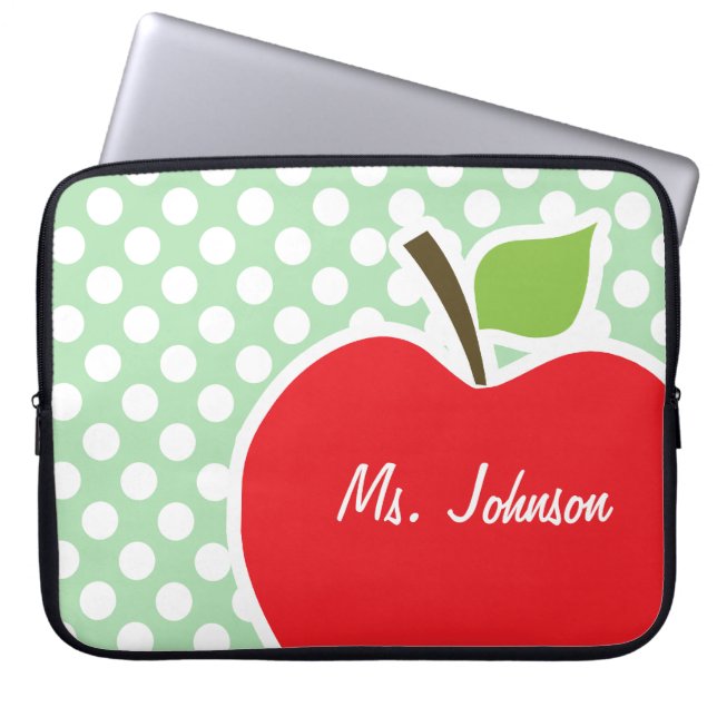 Apple op Celadon Green Polka Dots Laptop Sleeve (Voorkant)
