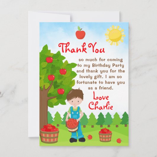 Apple Pick Brown Hair Boy Birthday Bedankt Kaart (Voorkant)