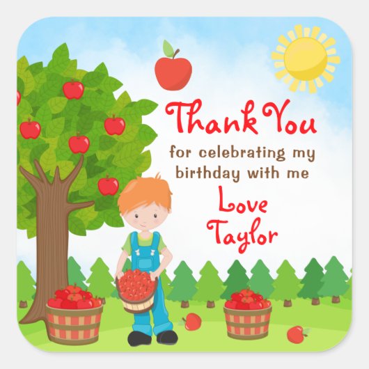 Apple Pick Red Hair Boy Birthday Bedankt Squa Vierkante Sticker (Voorkant)