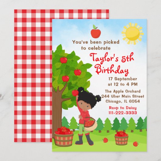 Apple Picking Birthday African American Girl Invit Kaart (Voorkant / Achterkant)