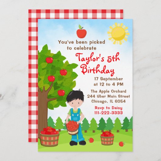 Apple Picking Birthday Black Hair Boy Invitation Kaart (Voorkant / Achterkant)