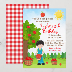 Apple Picking Birthday Black Hair Boy Invitation Kaart