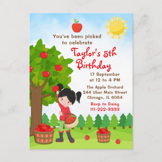 Apple Picking Birthday Black Hair Girl Briefkaart (Voorkant)