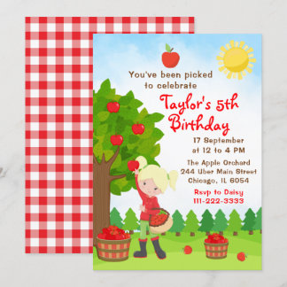 Apple Picking Birthday Blonde Hair Girl Uitnodigin Kaart