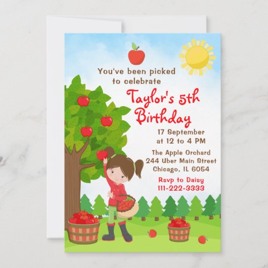 Apple Picking Birthday Brown Hair Girl Uitnodiging (Voorkant)