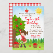 Apple Picking Birthday Brown Hair Girl Uitnodiging (Voorkant / Achterkant)