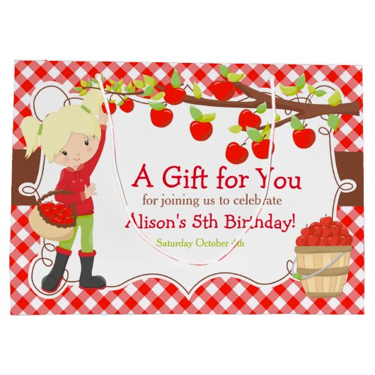 Apple Picking Blonde Girl Birthday Party Groot Cadeauzakje (Achterkant)