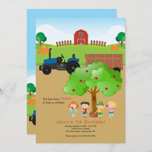Apple Picking Boerderij Birthday Invitation Kaart (Voorkant / Achterkant)