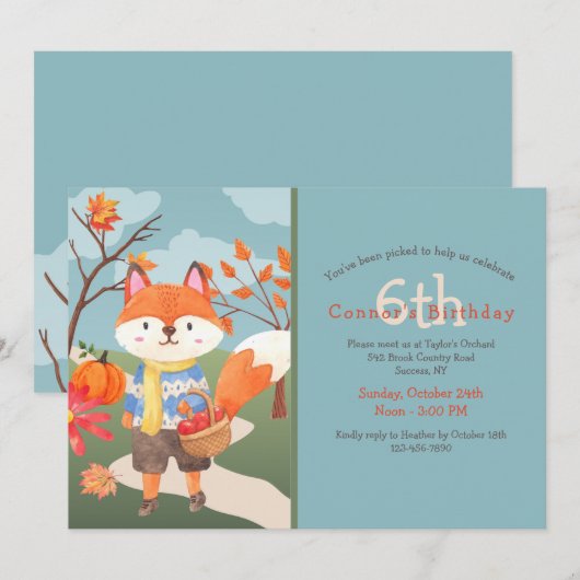 Apple Picking Fox Birthday Kaart (Voorkant / Achterkant)