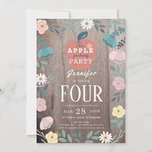 Apple Picking Party Floral Wood Kids Verjaardag Kaart (Voorkant)