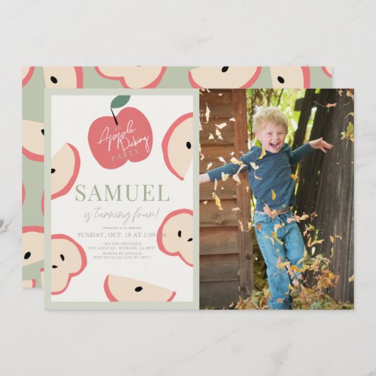 Apple Picking Party Green Boy Verjaardagsfoto Kaart (Voorkant / Achterkant)